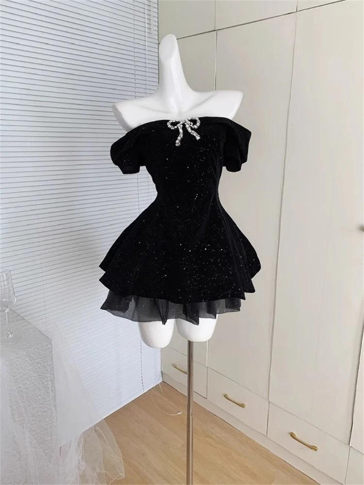 Black French Vintage One Piece Dress Woman Gothic Off Shoulder Bow Retro Mini Dress Female Fairy Birthday Party Chic Outfit 2026