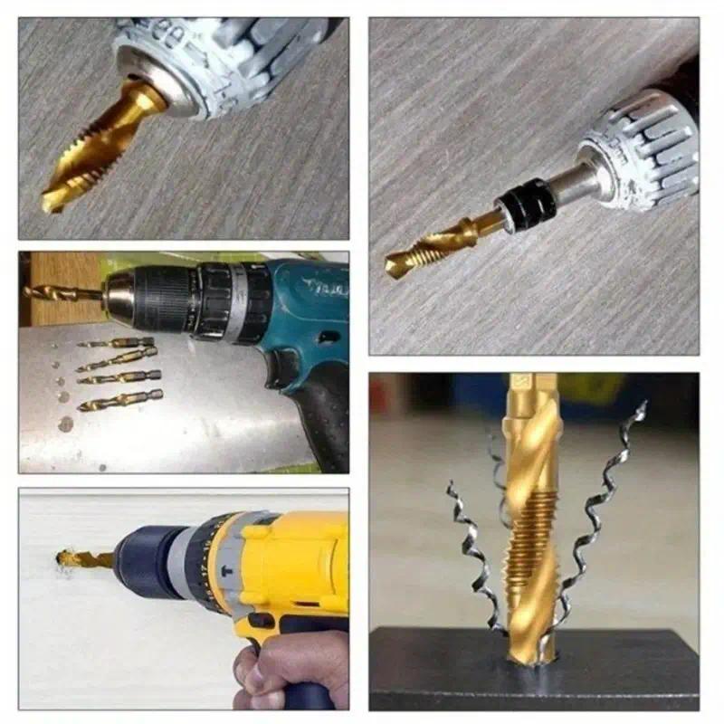 New 6 Pack Titanium Coated Drill and Tap Set Professional Thread Tap Drill Bit Set with 1/4" Hex Shank for Woodworking & Metalworking