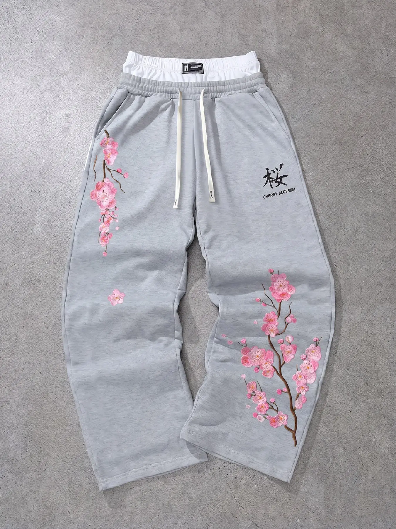 Grey Cherry Blossom Embroidery Wide Leg Sweatpants, Japanese Sakura Embroidered Loose Casual Joggers, Harajuku Streetwear Elastic Waist Sweat Pants, Unisex Hip Hop Straight Trousers For Spring Summer