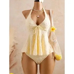 Women's New Jacquard Halter Neck Tankini Swimsuit - V-Neck, Belly-Covering Flowing Skirt + Triangle Briefs 2-Piece Set for Beach Vacation