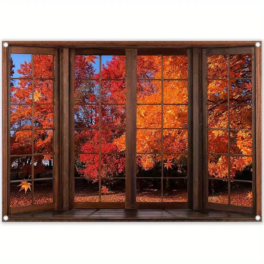 Fabric Fall Window Backdrop Autumn Landscape Maple Leaves Forest Scenery Photography Background Harvest Thanksgiving Tapestry Party Photo Booth