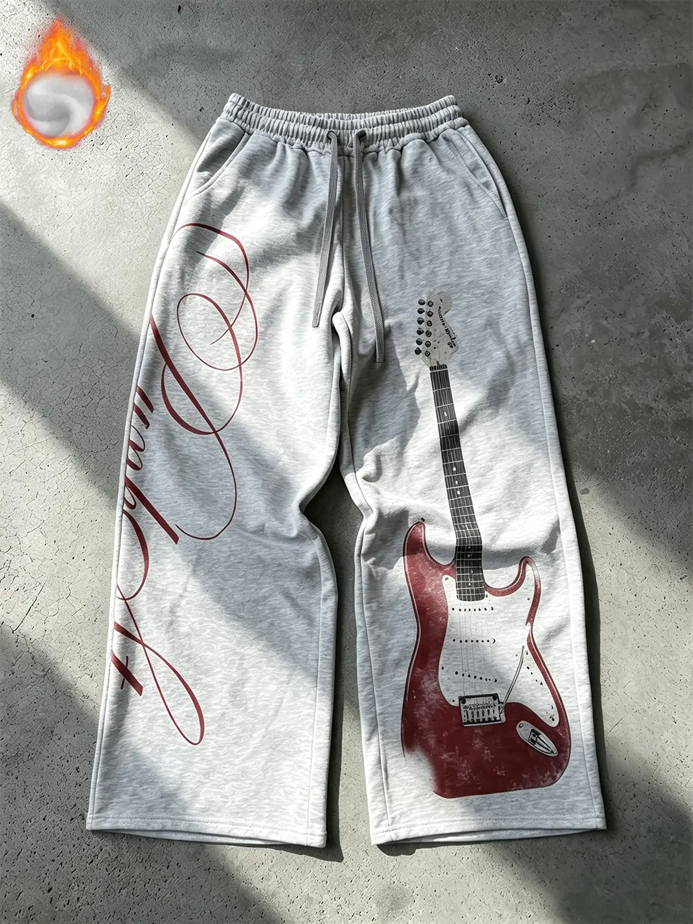 Unisex Multi-Color Guitar Print Fleece Lined Drawstring Wide Leg Sweatpants American Vintage Rock Style Relaxed Fit Casual Warm Pants