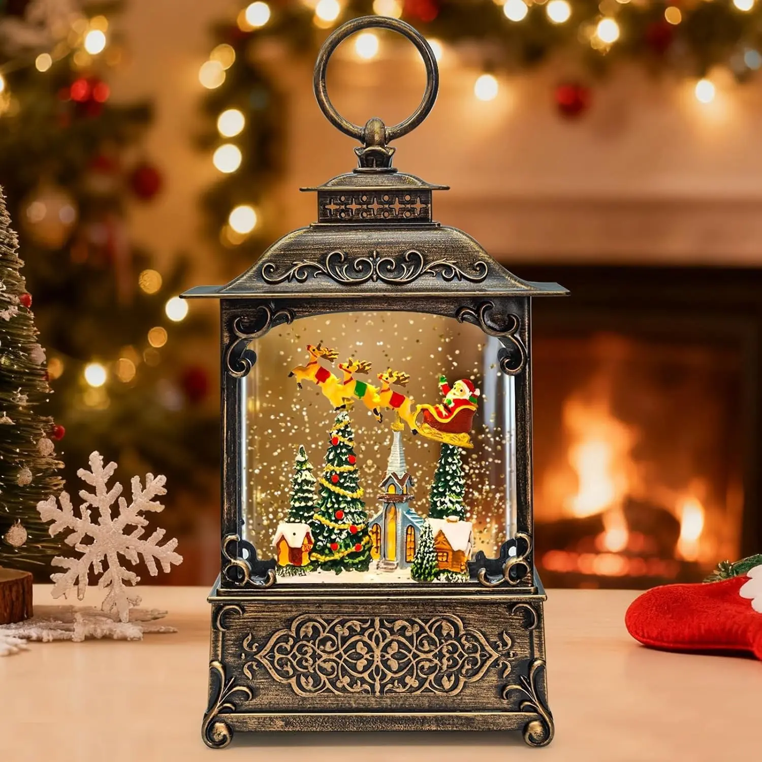 SUNFACE 10.43" Christmas Musical Globe Lantern - Resin Frame, Santa & Church Light-Up Glitter Design, 6H Timer, 3 AA Battery/USB Powered, Tabletop Display Holiday Gift for Christmas