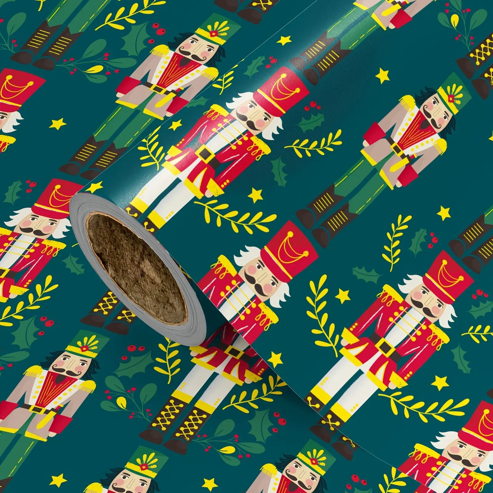 Christmas Wrapping Paper Roll, Deep Background with Nutcracker Soldier, Holly, Berries, Leaves, Stars, 43.2cm X 500cm, Holiday Gift Wrap