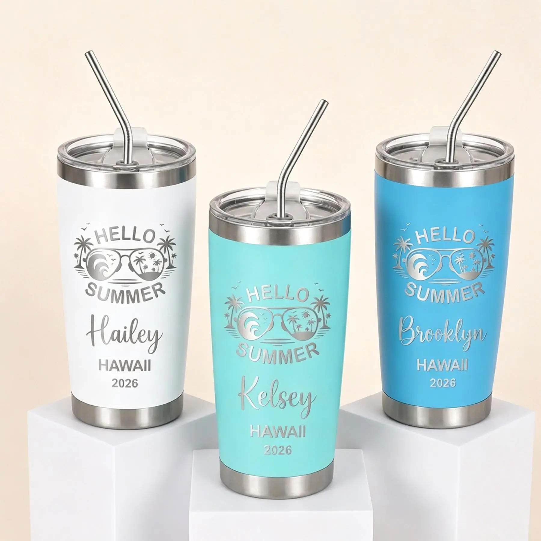 Personalized 20oz Skinny Travel Mug,Custom Name Travel Mug,Engraved Beach Tumblers,Stainless Steel Water Cup,Girls Trip Cruise Cups Drinkware Flasks