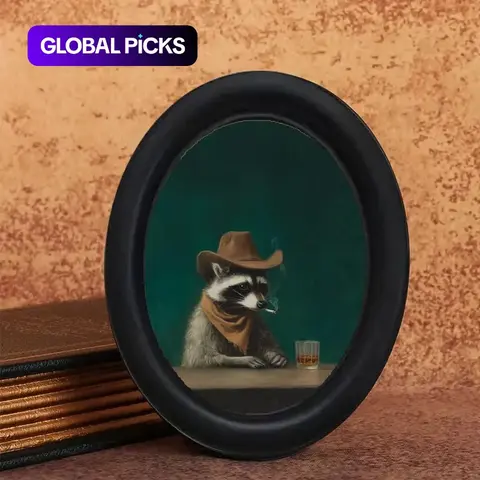 Funny Western Cowboy Raccoon Oval Frame Wall Art, Decorative Character Artwork, Vintage Style for Living Room Home Desktop Decoration, Living Room Pictures Wall Decor #GLOBAL PICKS