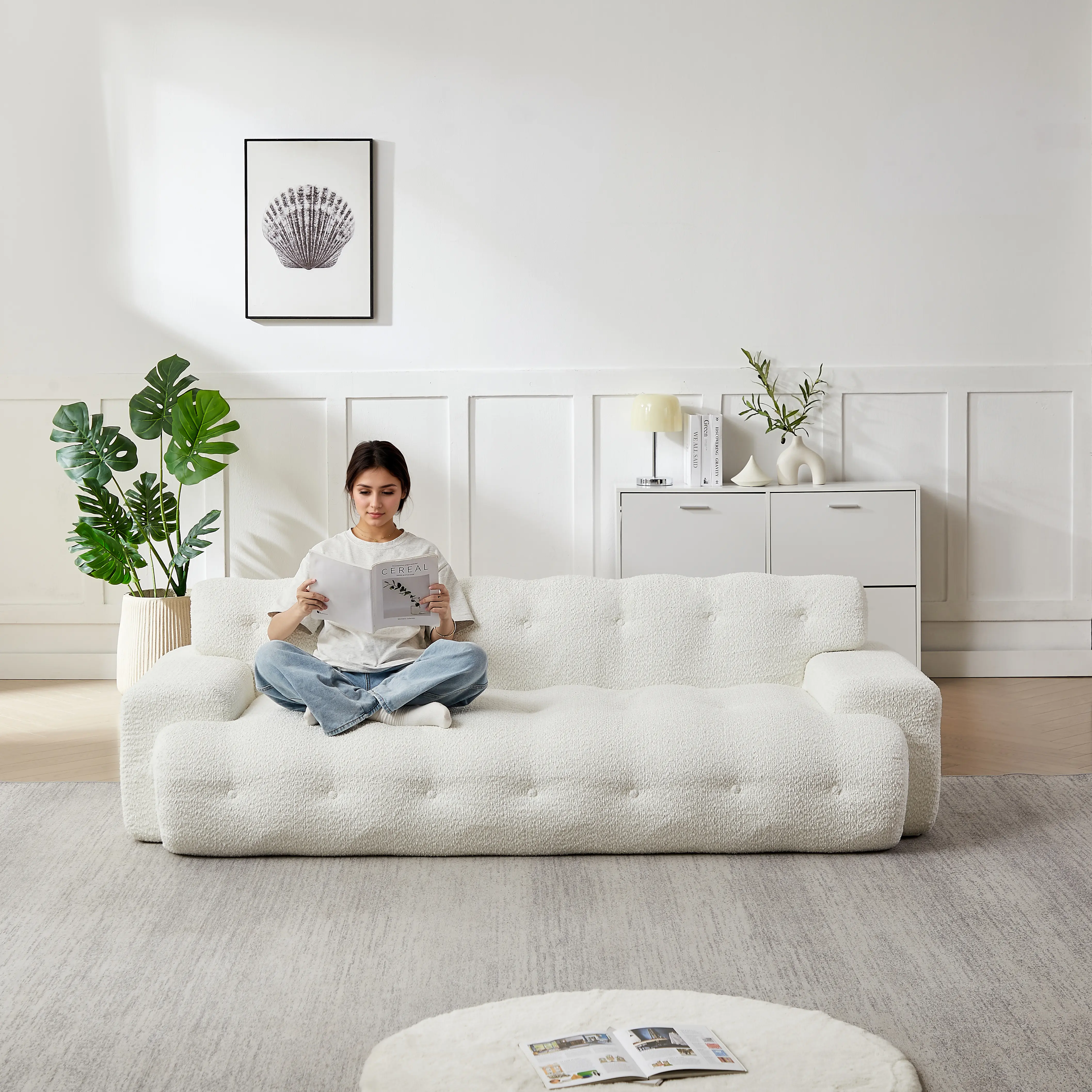 ARCH 87.4 Inch Cloud Series Minimalist Button-Tufted Square Arm Three-Seater Sofa, Chenille Upholstered Couch, Comfortable Living Room Sofa with Tufted Design, Snow White, Single Option, Living Room Furniture for Apartment, Lounge, Family Room