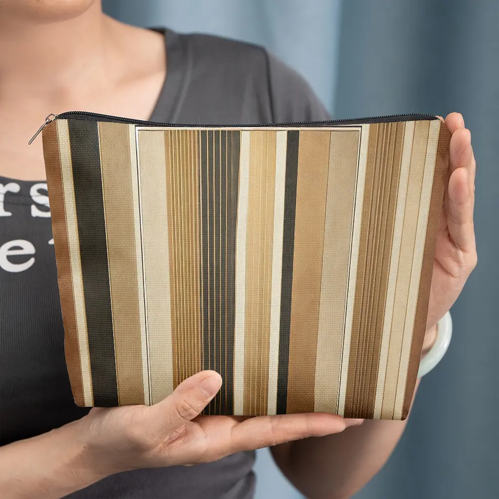 cosmetic bag 1pc, abstract brown vertical stripes, Zipper closure, unisex, travel/daily storage bag, lightweight and machine washable, stylish toiletry bag, perfect for Valentine's Day, New Year's, or birthday gifts.