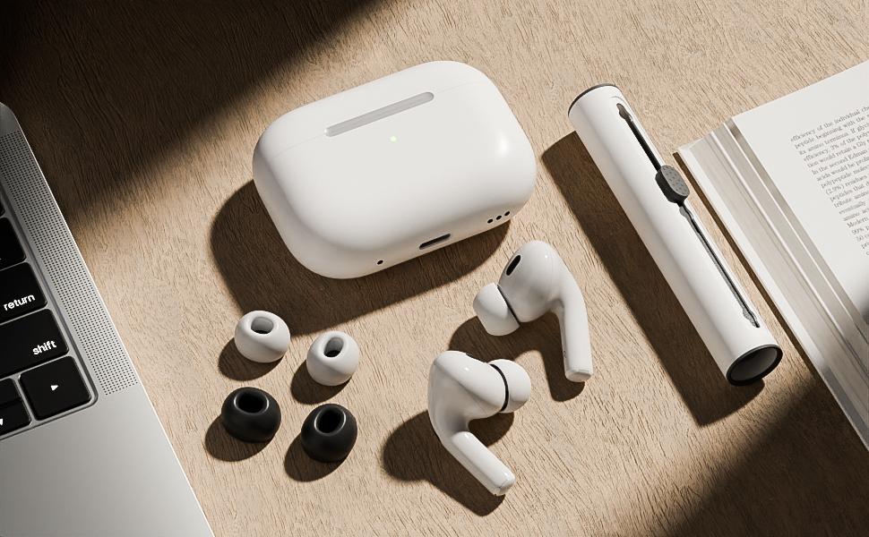 4 Pairs Replacement Ear Tips for AirPods Pro and AirPods Pro 2 with Noise Reduction Hole, Non-Slip Soft Silicone Ear Tips for AirPods Pro, 3 in 1 Cleaner Kit for USB-C Charging Case(XS/S/M/L)
