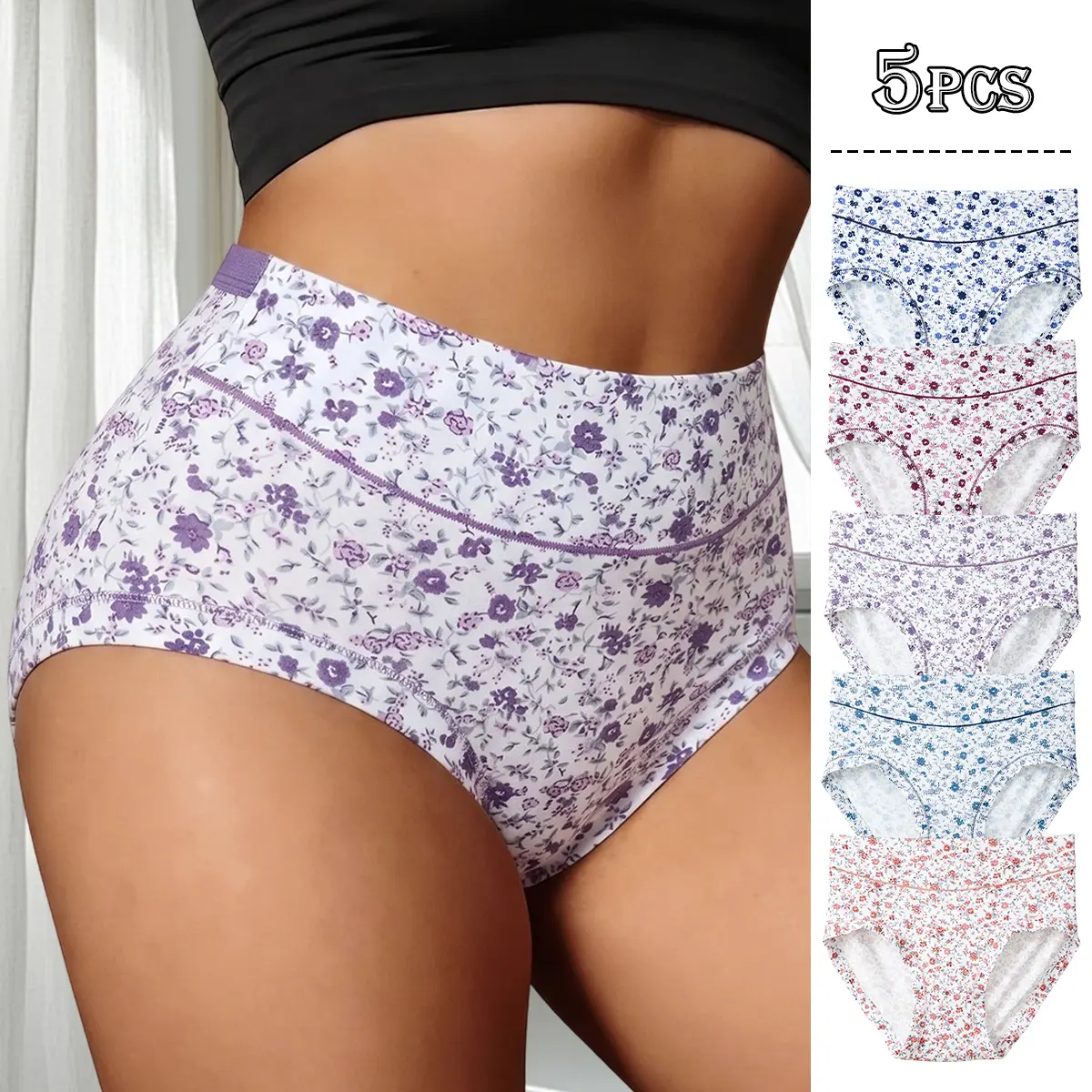 QUASTI 5 Pack Plus Size High Waist Floral Print Panties, Milk Silk Feel Briefs for Women, Cool Stretch Soft Daily Underwear, 1XL-4XL