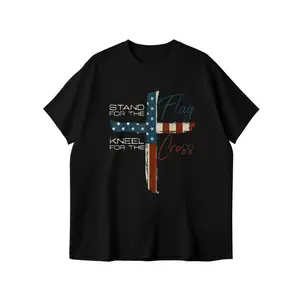 Men's Retro Distressed Graphic T-Shirt, Christian USA Flag Camo Cross Print, 100% Cotton Short Sleeve Streetwear Top, Tshirt, Shortsleeve