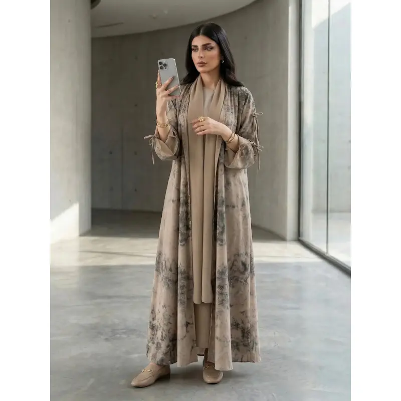 Women's Modest Chiffon Abaya with Headscarf, Elegant Tie Dye Print, Loose Full Length Double Layered Open Robe, Long Sleeve, All Seasons, Headscarf Included, Vibrant And Artistic, Casual