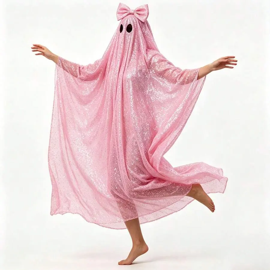 Glitter Sheer Mesh Ghost Costume With Big Bow, Flowy Long Tulle Ghost Cape Robe, Women Cute Halloween Party Cosplay Outfit