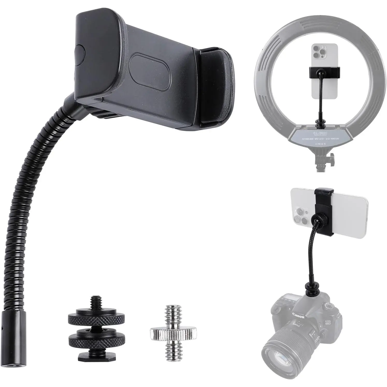 Phone Holder for Ring Light, 1/4"-20 and Hot Shoe Adapter, Flexible Phone Mount for Ring Light and Tripod Stand