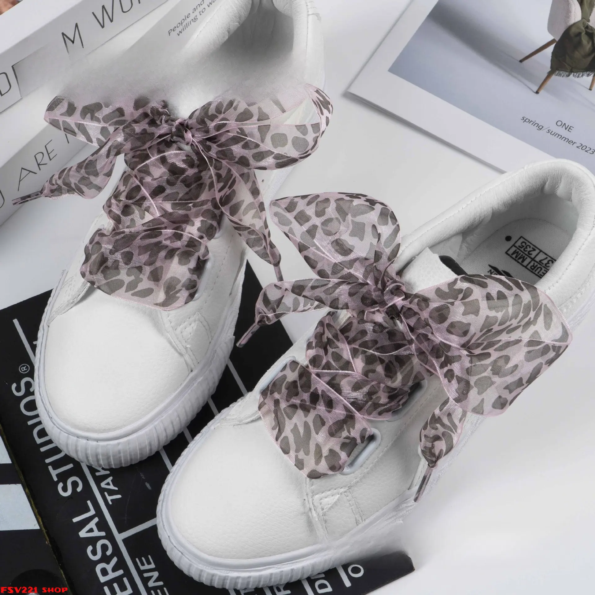 2-PCS Vintage Leopard Mesh Ribbon Shoelaces, Wide Transparent Tulle Shoe Laces, Trendy DIY Sneaker Decor Straps - Ideal for Sneakers, Canvas Shoes, Y2K Streetwear, DIY Shoe Styling & Gift Y2K Cute Bow Shoe String Accessories for White Shoes