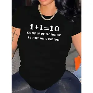 Plus Size, Women's 100% Casual T-Shirt with Funny Computer Science Slogan & Binary Code Print - Bright Orange & White Geometric Letter Graphic, Relaxed Fit Short Sleeve Round Neck Top for Tech Enthusiasts, Spring Summer Outfits, Machine Washable Casual At