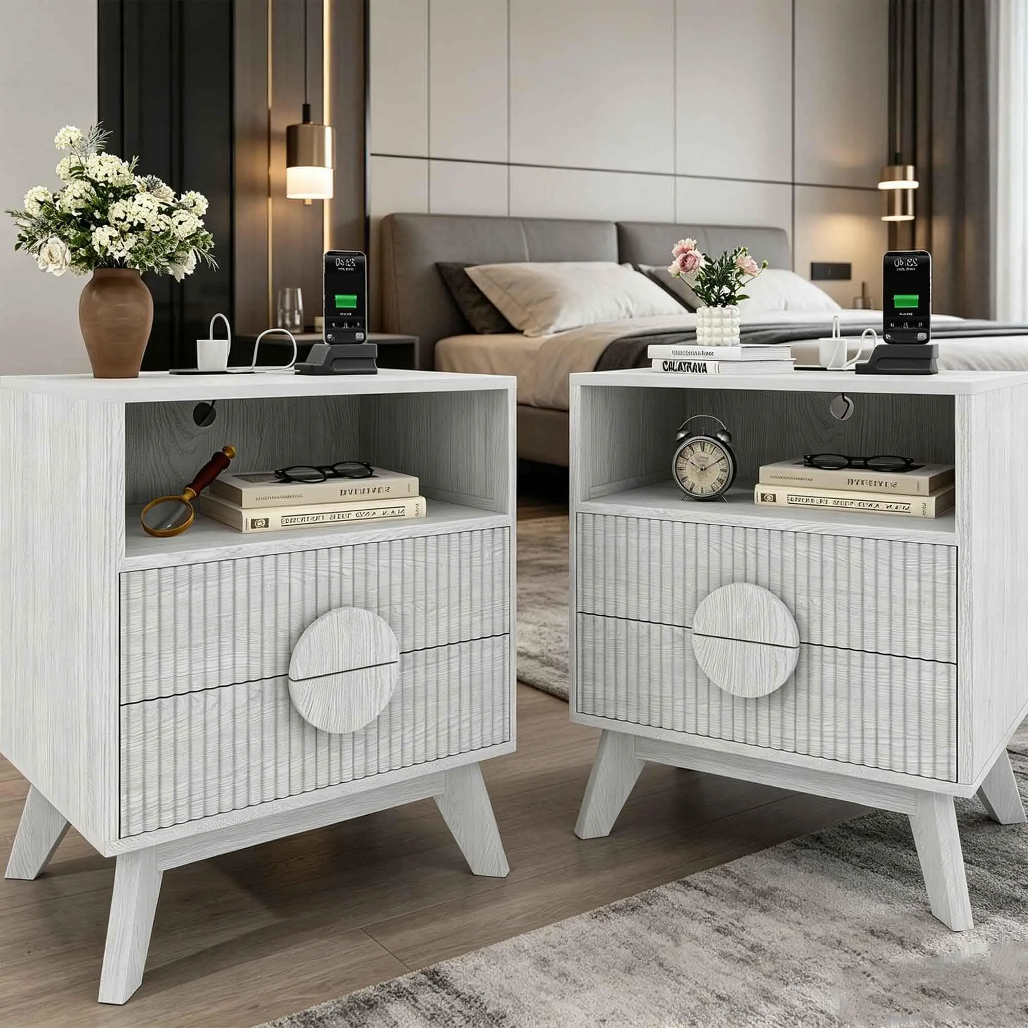 Garvee Fluted Night Stand Set of 2, Wood Tall Nightstands with Charging Station - USB Ports and Outlets, Nightstand Bedside Table End Table with 2 Drawers & Open Shelf & Feet for Bedroom Sofa Living Room O