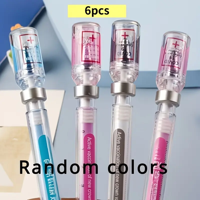 6Pcs Random Color Novelty Syringe Gel Pens Vaccine Injection Virus Shaped Black Signature Pens Smooth Writing Stress Relief Stationery For Students Back To School Classroom Office Creative Birthday Holiday Gift For Teachers Workers Stationery Lovers
