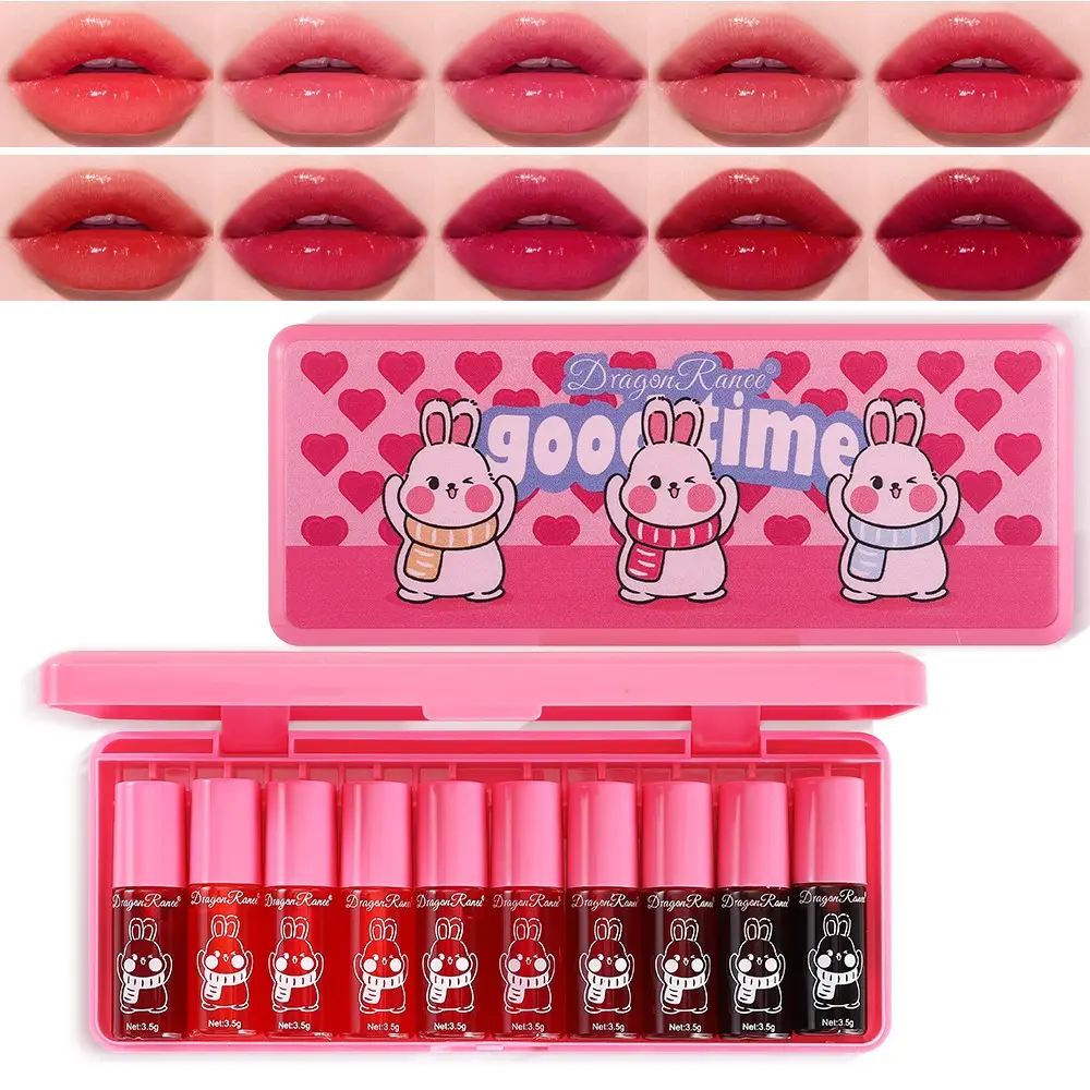 10-Piece Pink Cartoon Bunny Lip Gloss Set, Long-Lasting, Non-Sticky, Portable, Perfect Gift, Dual Use for Lips and Cheeks