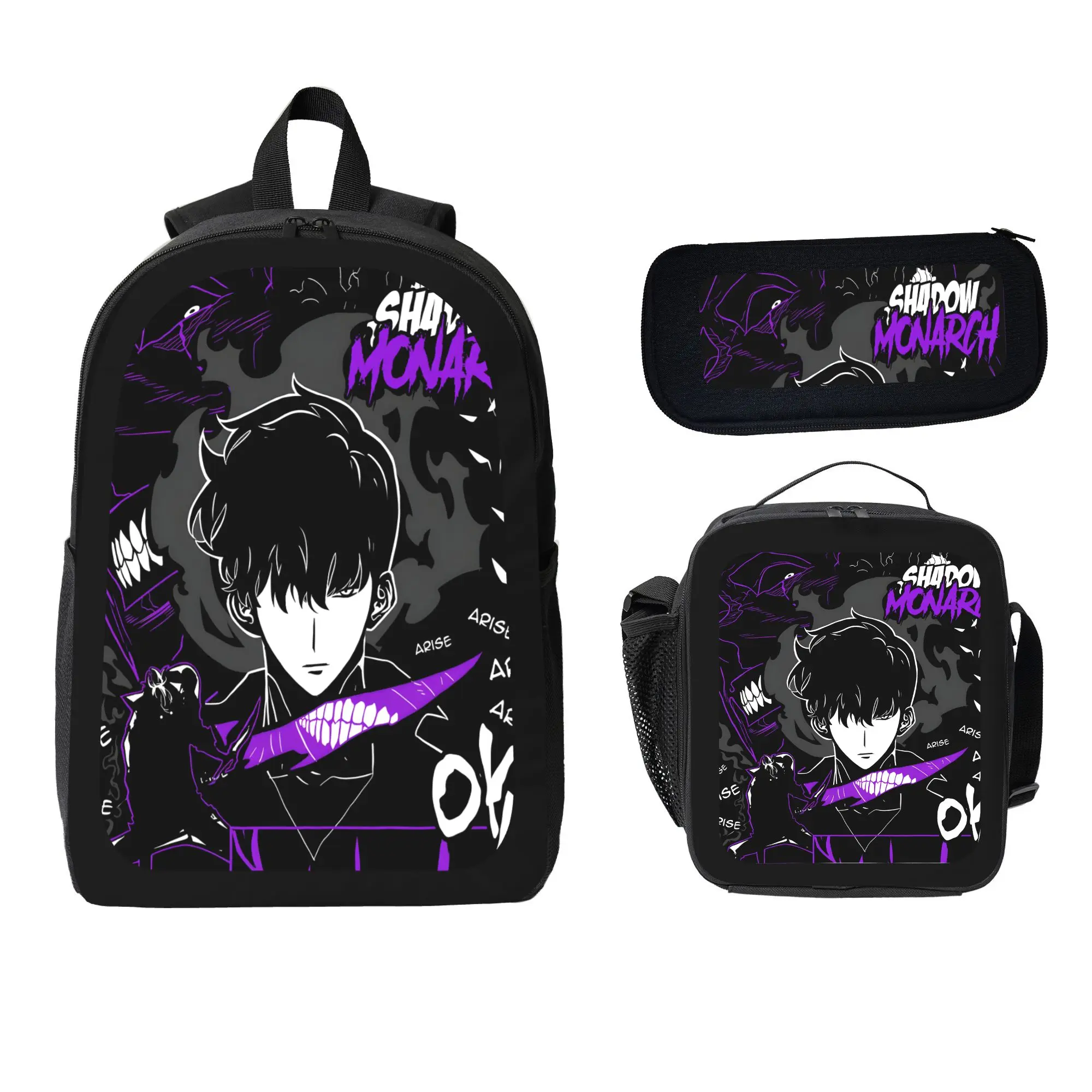 Chic Unisex 3-Piece Dark Anime-Themed Character Art Graphic Backpack Set - Zip Daypack, Crossbody Shoulder Bag, Pencil Case with 3 Stationery Items for Students
