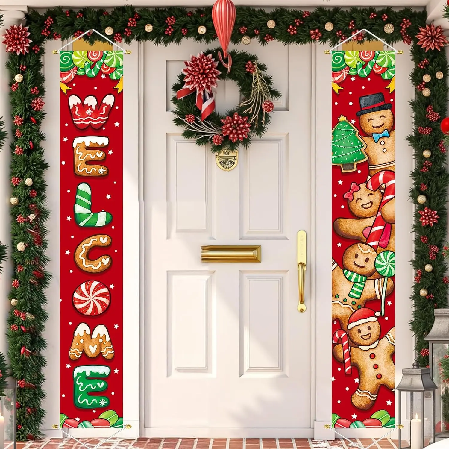 2D Flat Banner Porch Banner Set, Cute Gingerbread Man Doorway Sign, Welcome Banner, Indoor Outdoor Christmas Decorations