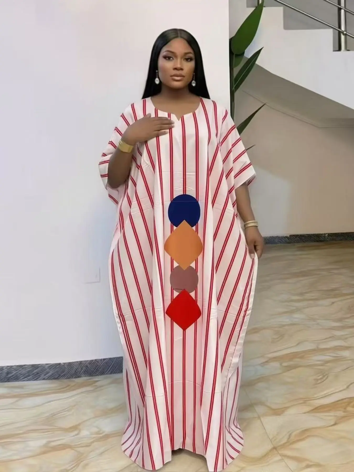 Green striped V-neck plus-size ethnic boubou caftan women's dress, elegant and stylish, loose plus-size printed daily casual party gathering home beach vacation short-sleeve dress with scarf and pockets Beach Kaftans Casual Kaftan Dress 2026