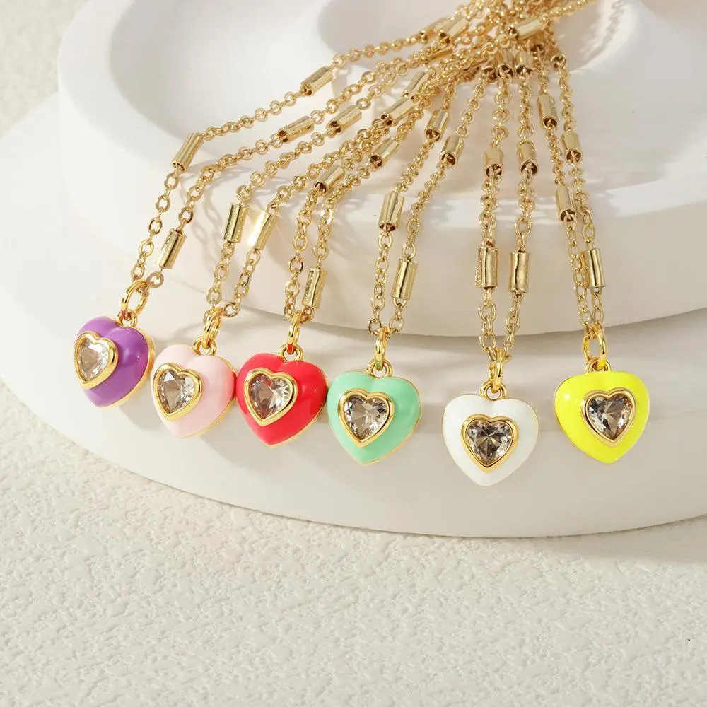Women's Bedazzled Heart Necklace Set - Long Zircon-Inlaid Dripping Oil Pendant, Valentine Style, INS Light Luxury Niche Temperament Daily Accessory, Dainty Layering Jewelry, Gold Heart-Shaped Chain, Valentine's Day Gift, Valentine Style Necklaces