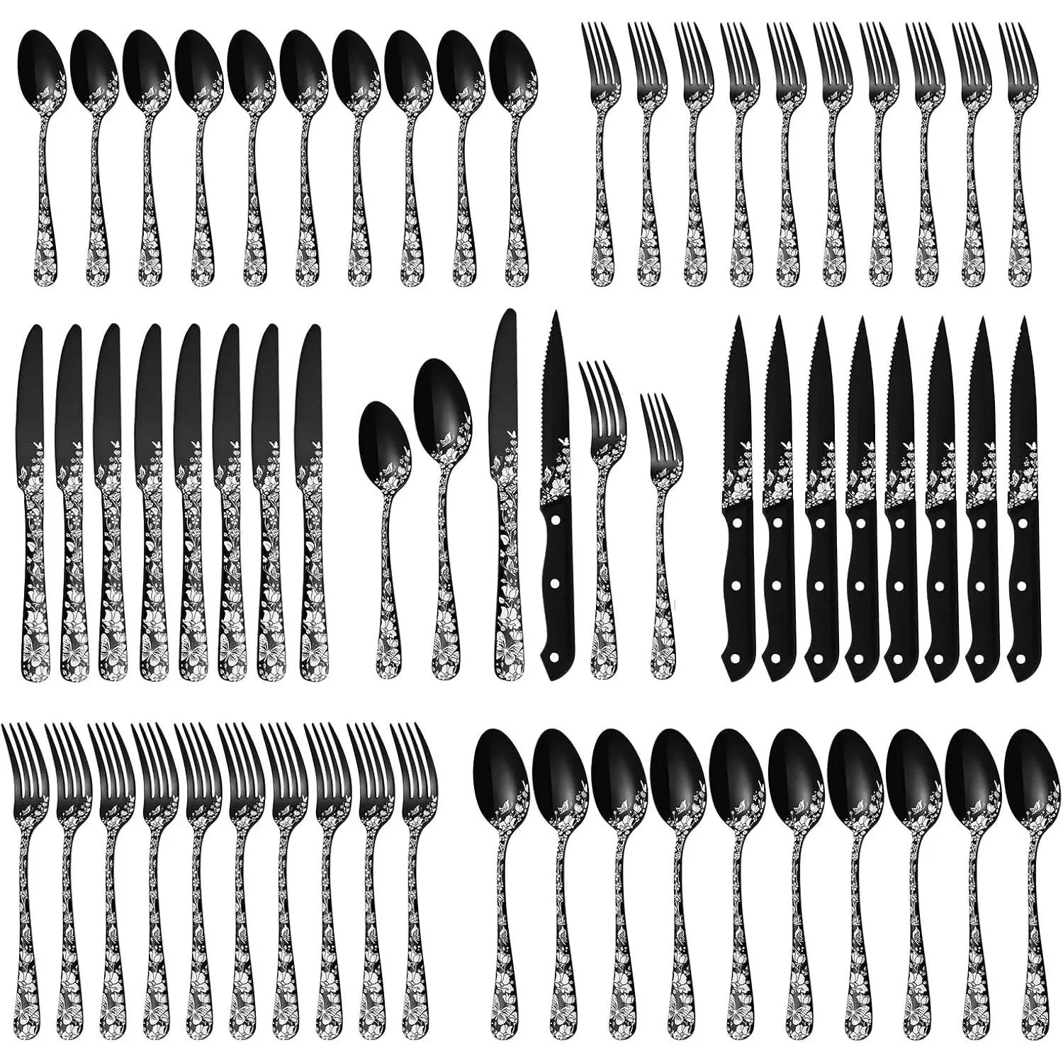 48- Black Silverware Set with Steak , Stainless Steel Cutlery Flatware Set for 8, Utensil Sets Include Forks Spoons and  for  Kitchen, Mirror Polished, Dishwasher Safe