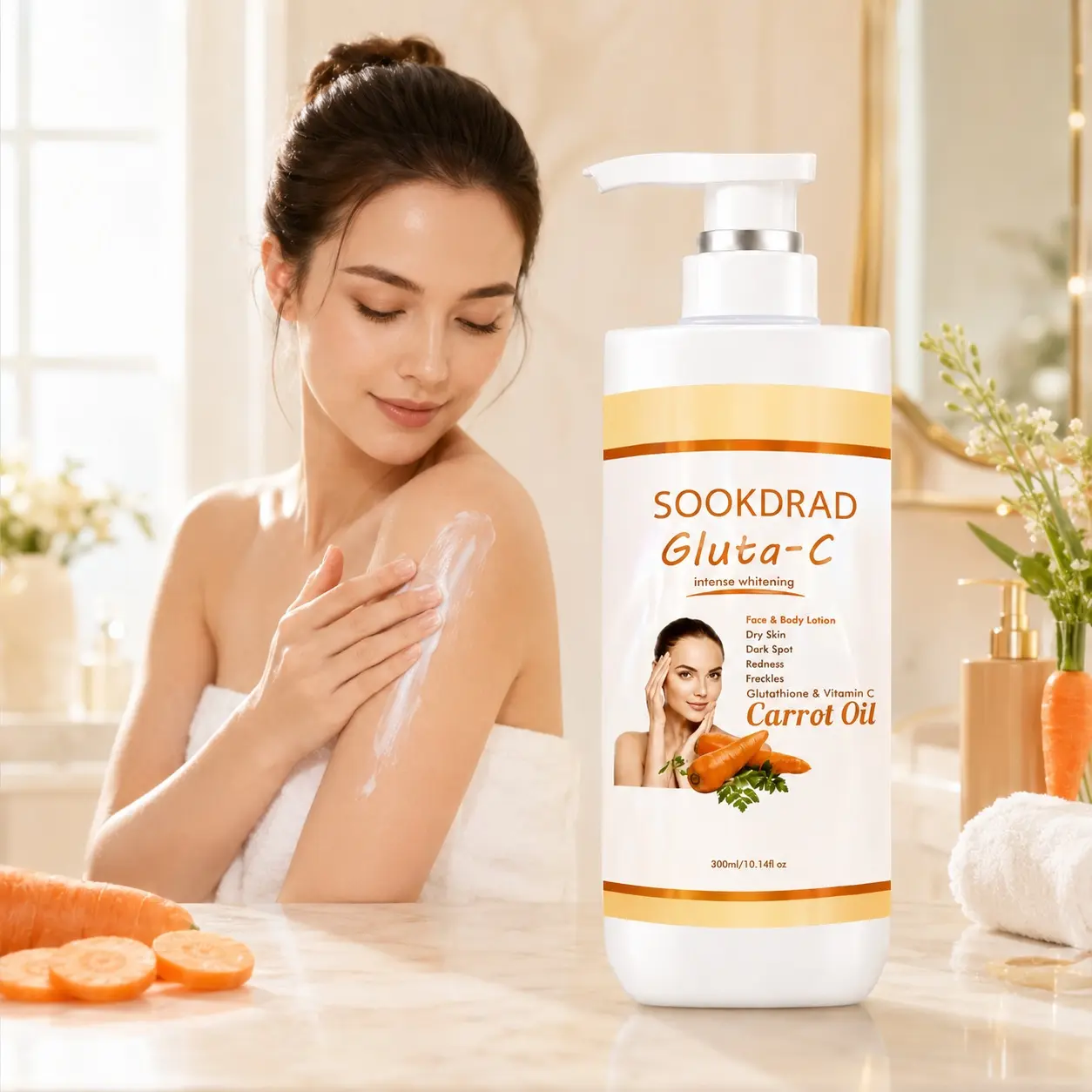 Gluta-C Lotion, Glutathione, Vitamin C, Carrot Oil, intense whitening, Face & Body, Dry Skin care, Dark spot treatment, Redness reduction, Freckle lightening, 300ml/10.14fl oz