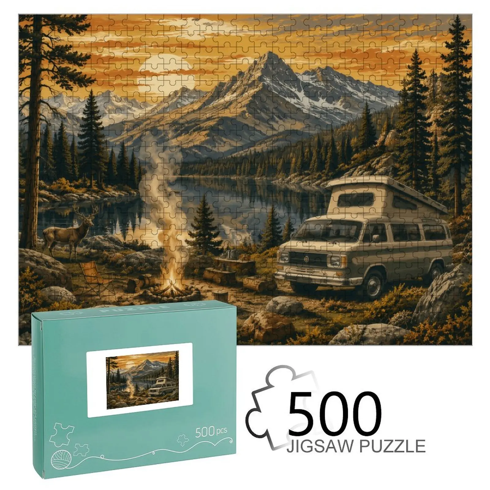 500-Piece Eco-Friendly Wood Jigsaw Puzzle, 15x21in Vintage RV Camping Mountain Lake Sunset Landscape, Stress Reliever Hobby Gift for Adults, Outdoor Nature Home Wall Decor