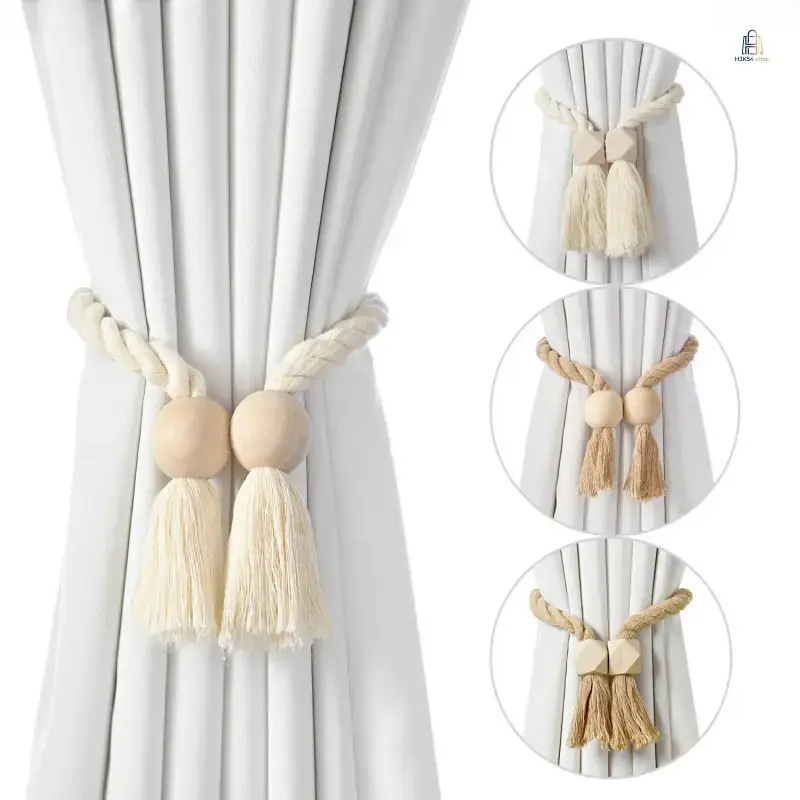 2 Pack Magnetic Wooden Tassel Curtain Holdbacks, Decorative Curtain Buckle Holder, Multifunctional Window & Shower Curtain Accessory Modern Home Decor