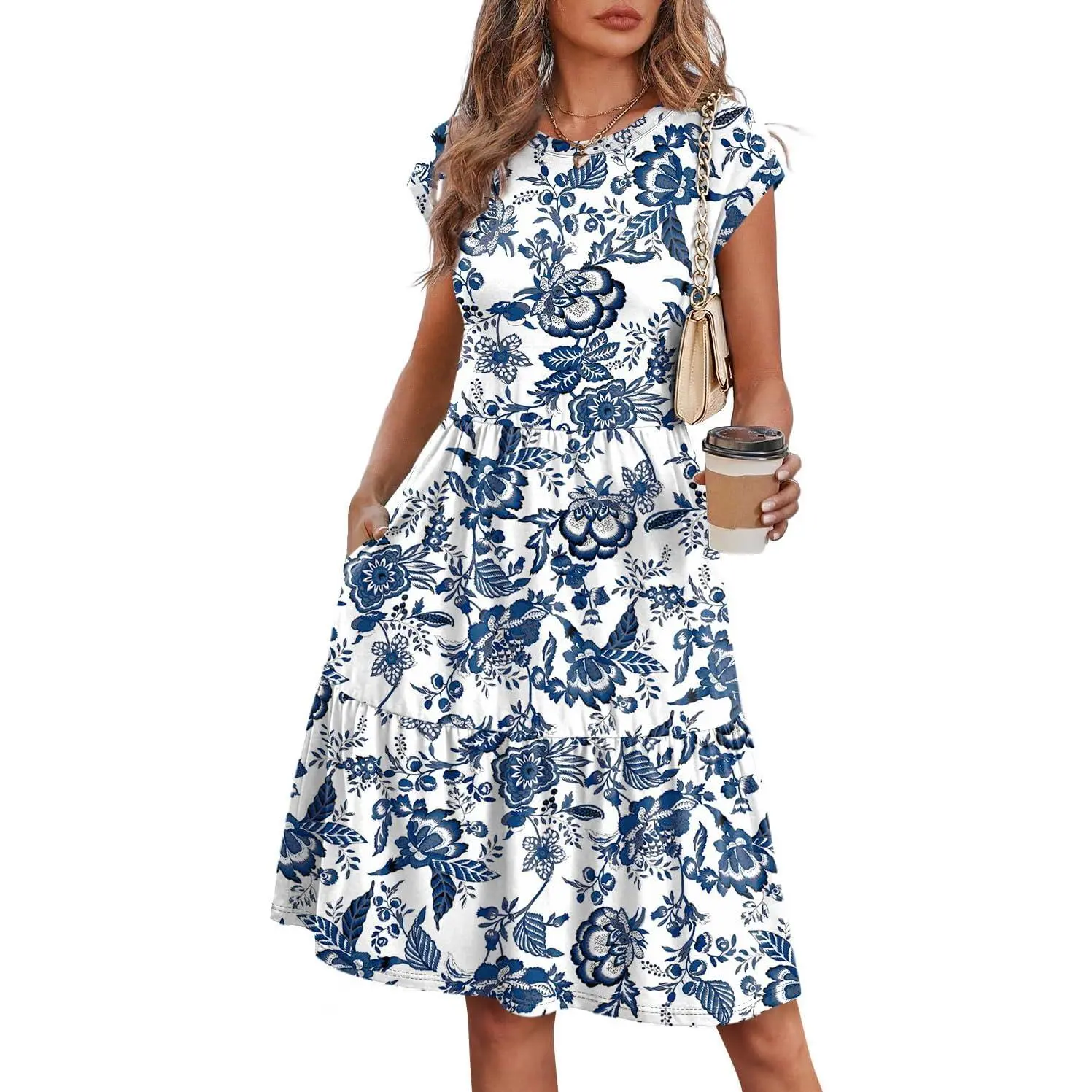 Women's Cute Cap-Sleeve Maternity Dresses - Tiered Casual Swing Style, Round Neck, Pocket Detail, Lightweight Breathable Summer Fabric, 01-Vintage Blue Floral/02-Green Floral Print for Beach Everyday Wear