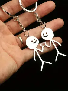 Cute Cartoon Stickman Design Heart Key chain, Personalized Heart lag, Fashionable Stainless Steel Key chain for Women & Men, Trendy All-match Key chain for Birthday Gift, Couples Gifts, Cute Keychain, Cute Keychain Accessory