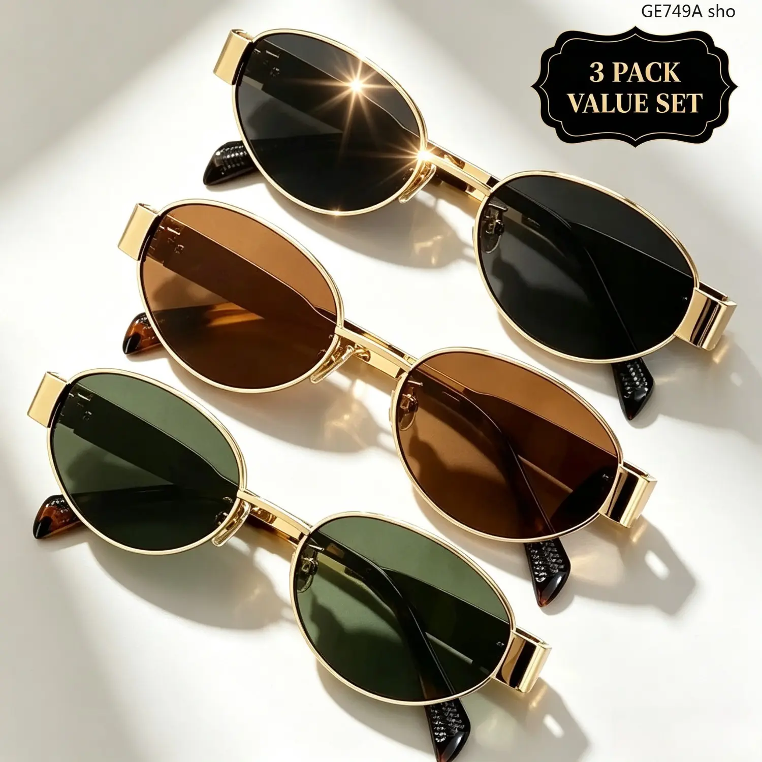 Women's 3-Pack Oval Metal Frame Sunglasses, Classic Tiny Wire-Rim Geometric Shades, Versatile Casual Tinted Lenses Eyewear, Female Beach Outfit Accessory, Getaway Gifts