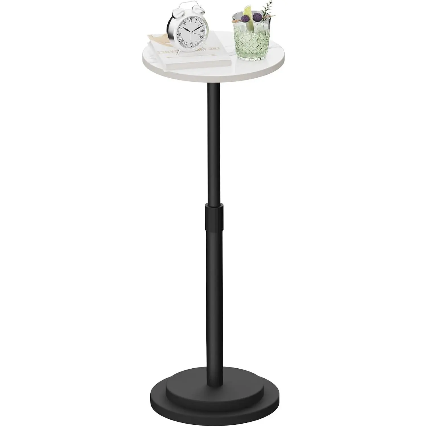Round End Table, Height Adjustable Vintage Drink Stand, White | Vintage Modern Pedestal Table, White Marble and Metal Pedestals for Small Spaces and Living Room, 10.2x10.2x30.7 In