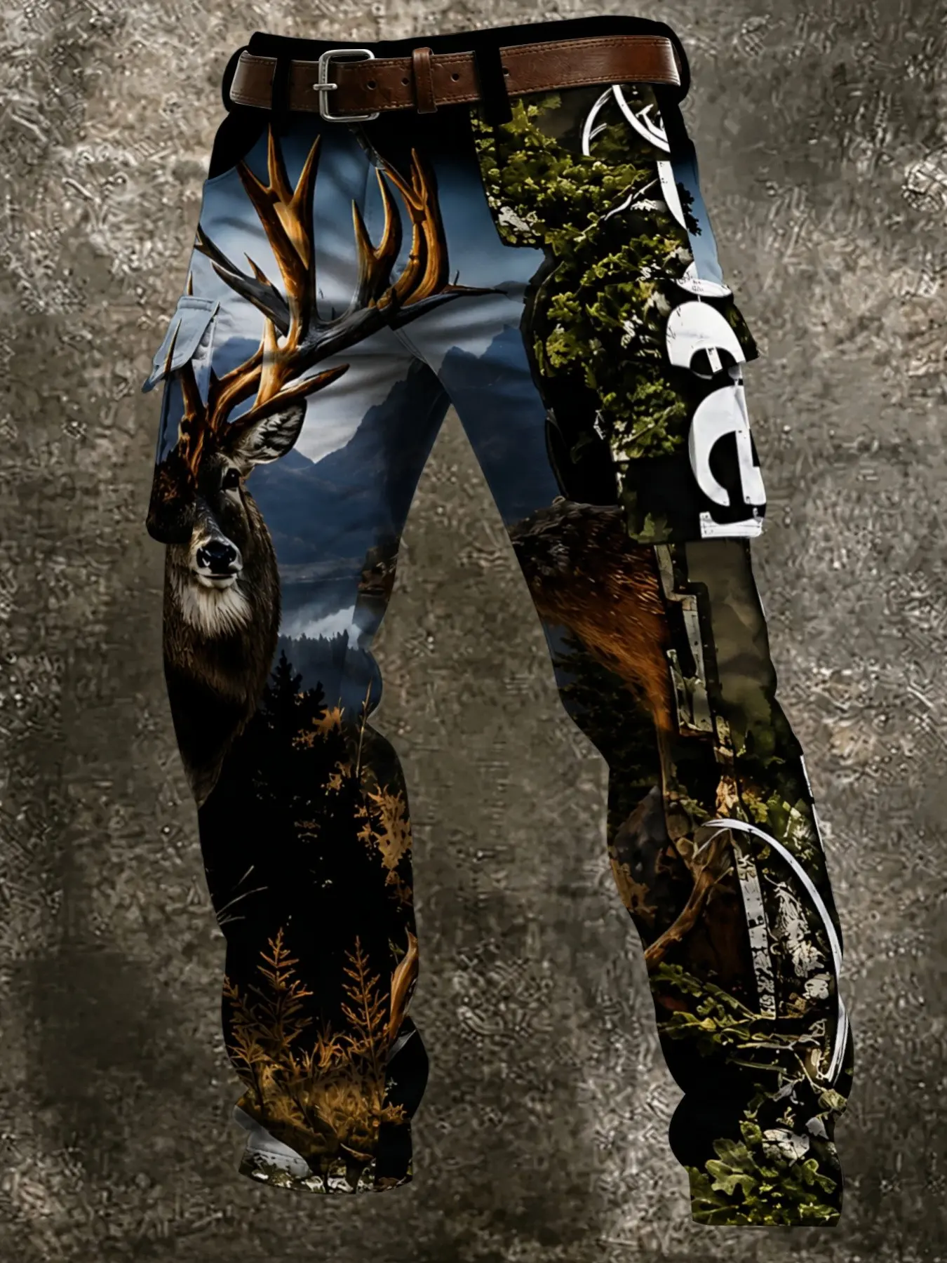 Men's Casual Long Trousers, Wild Deer Nature Theme, Jungle Grass Mountain Landscape Pattern, Multi-Pocket Loose Fit, Outdoor Leisure Pants