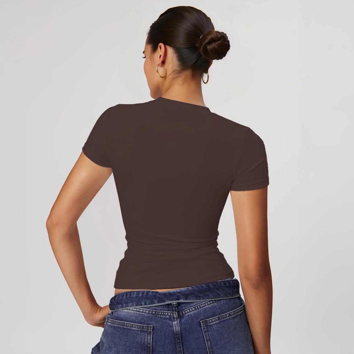 Women's Minimalist Solid Color Round Neck Short Sleeve Slim Top, Spring & Summer Stretchy Brushed Clothes, Quick Drying Yoga Top, Comfort Outfit Women's Minimalist Solid Color Round Neck Short Sleeve Slim Top, Spring & Summer Stretchy Brushed Clothes, Quick Drying Yoga Top, Comfort Outfit