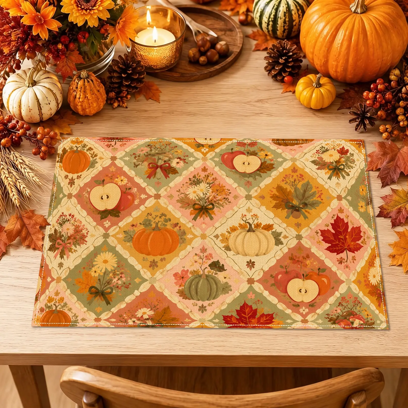 4/6pcs Pumpkin Maple Leaf & Apple Placemats, Rustic Harvest Style for Dining Table, Kitchen, Fall Gathering & Home Decor, Fall Gifts, Seasonal Decoration