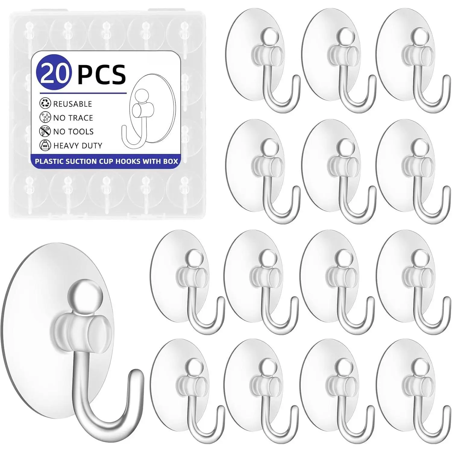 20Pack Suction Cup Hooks 1.2Inch Clear PVC Suction Cups Hooks, Removable and  Utility Hooks for Glass Windows, Mirrors, Doors, Tiles, Shower, Kitchen, Bathroom