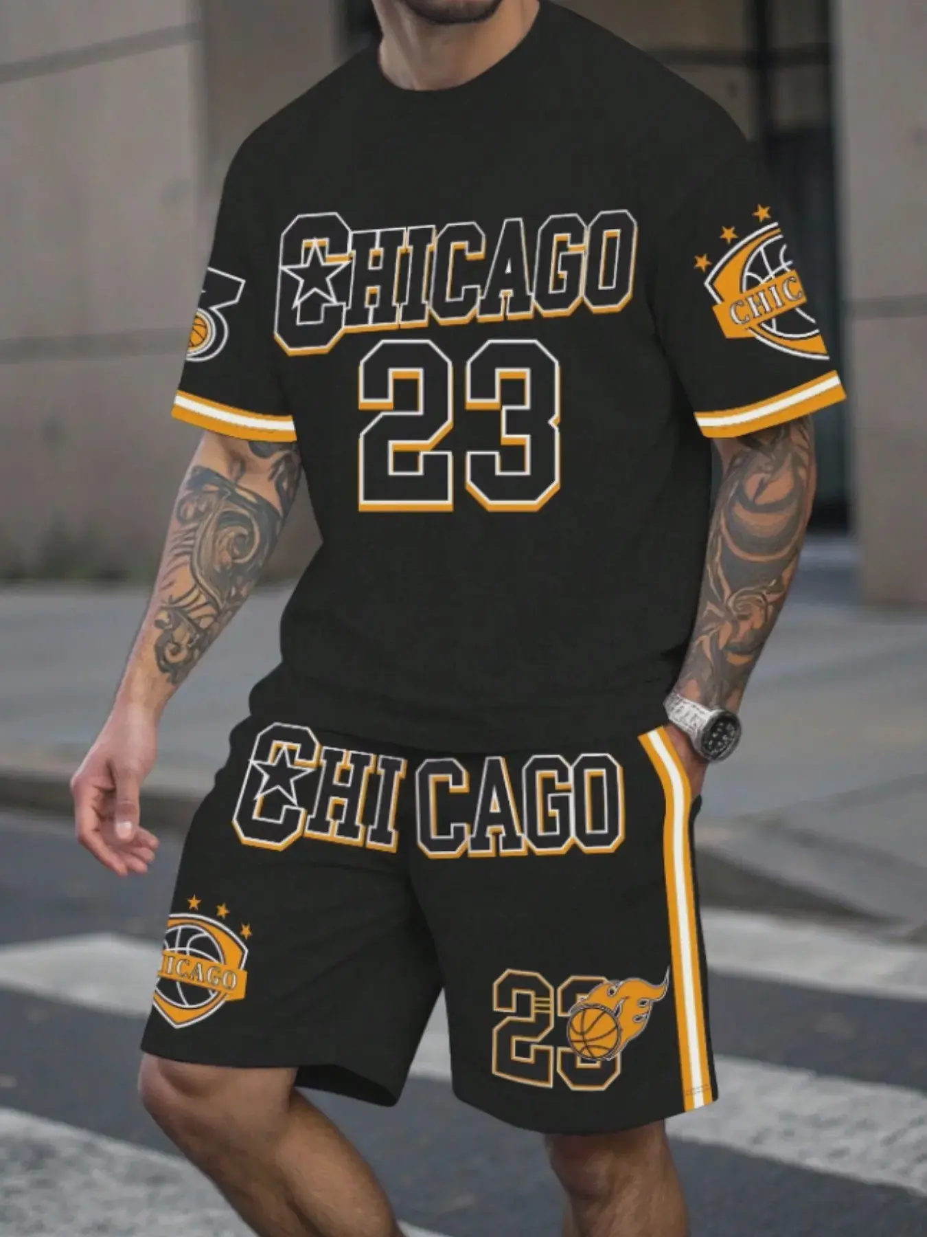 Men's Street College Basketball Jersey Set, Chicago Fire 23 Number 3D Print, Fitted Casual Sports Jersey Tee, All over Print, Plain Surface, Fan Jersey