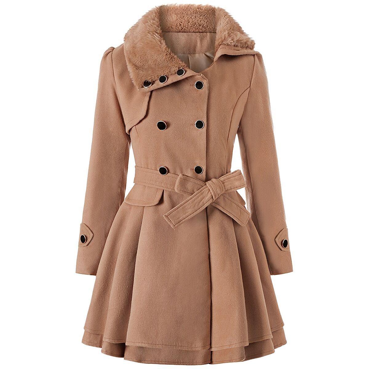 BIGWIG women's autumn and winter classic long wool trench coat with belt, casual office wear, business jacket, double-breasted lapel winter scalloped hem jacket, long trench coat parka, autumn and winter fashion retro style