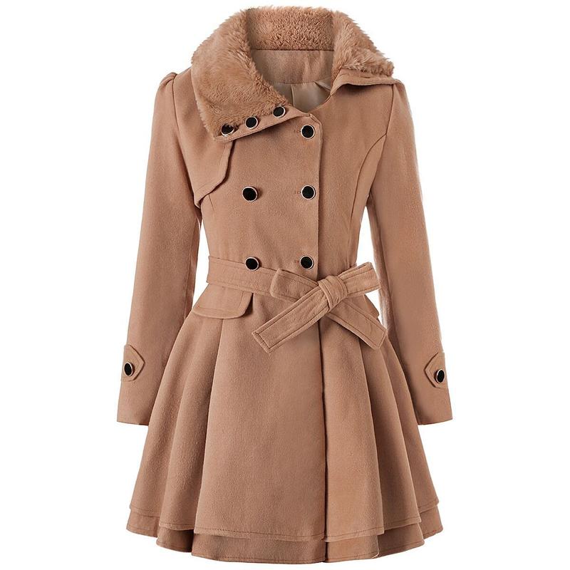 BIGWIG women's autumn and winter classic long wool trench coat with belt, casual office wear, business jacket, double-breasted lapel winter scalloped hem jacket, long trench coat parka, autumn and winter fashion retro style