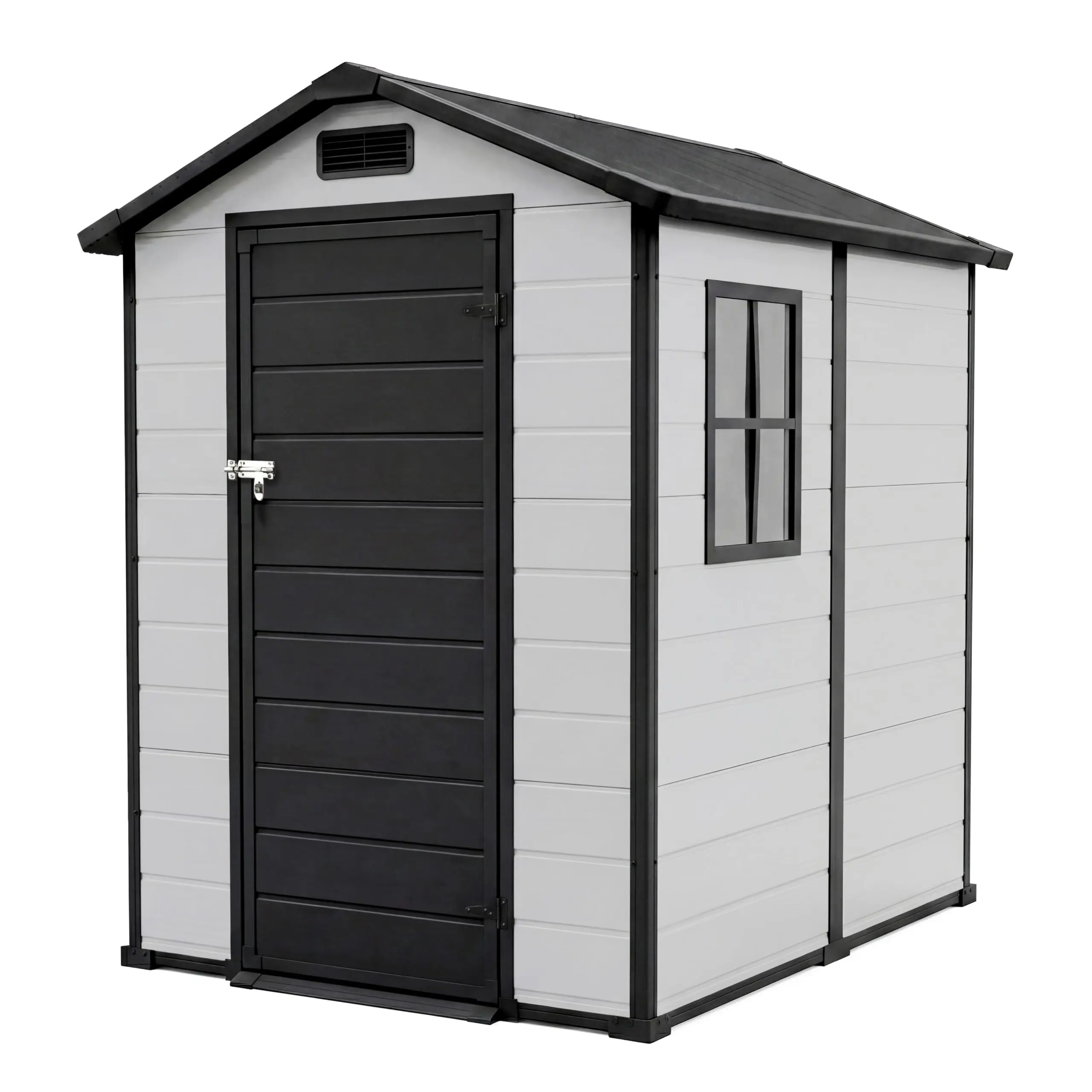 4 x 6 FT Outdoor Storage Shed with Floor, Durable Waterproof Resin Garden Shed with Window, Sloping Roof, Lockable Door for Patio Backyard Garden, Lawn Mower, Bike, Tool Storage, Black+White/Grey(2 Boxes)