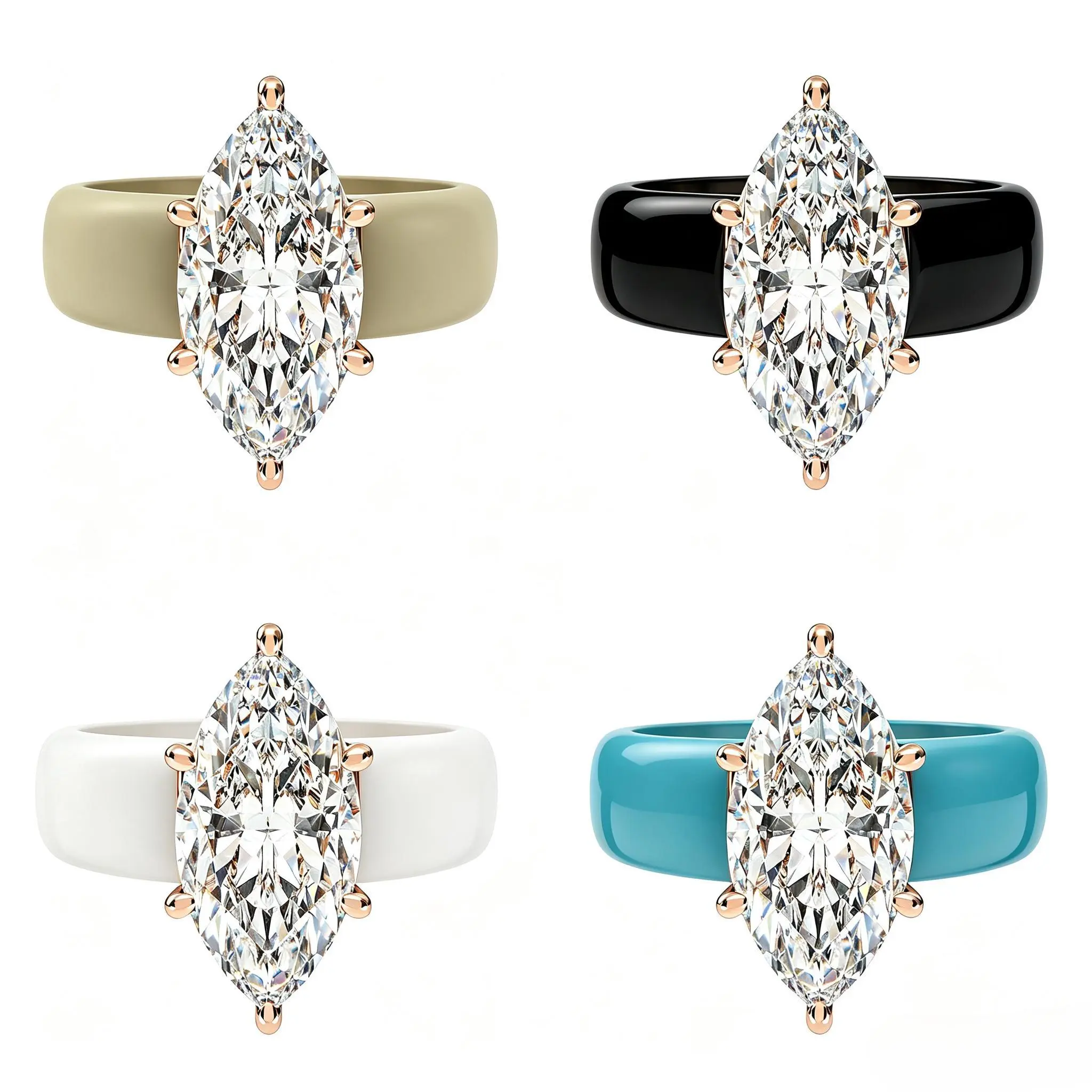 Women's Silicone Band - Large Marquise Cut CZ Diamond Alternative, Rose Gold Prong Mounting, Comfortable Sport/Wedding Ring