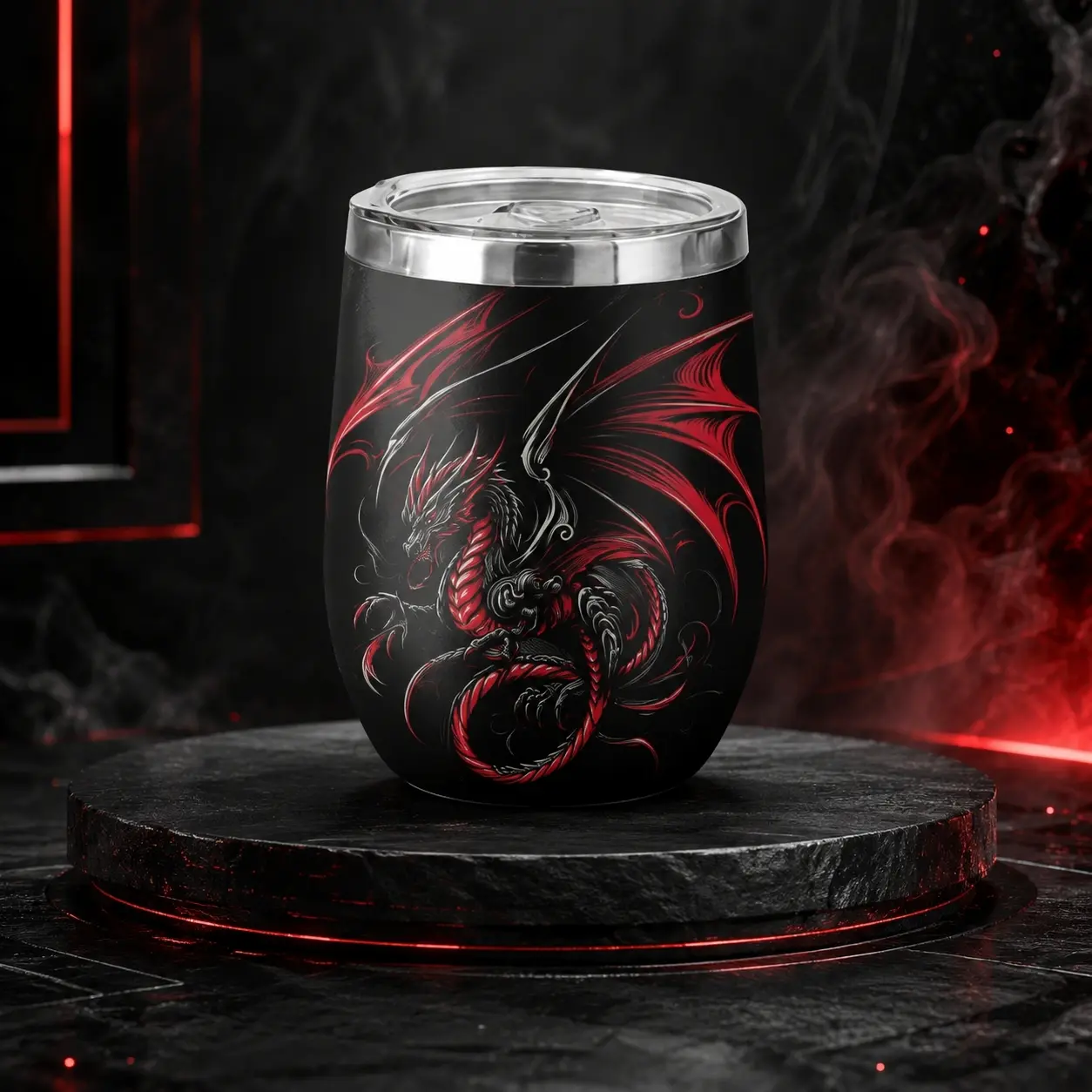 Red Dragon Fantasy Insulated Wine Tumbler 12oz with Lid – Double Wall Stainless Steel Vacuum Cup | Dark Aesthetic Fire Dragon Coffee & Cocktail Mug | Gift for Men & Women