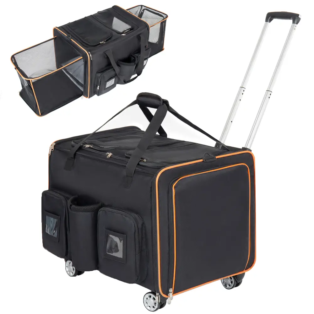 2 in 1 Large Cat Carrier for 2 Cats, Rolling Pet Carrier with Wheels, Expandable Foldable Double Pet Carrier with Removable Divider, Breathable Mesh Oxford, Cat Travel Crate for Car/Camping/Vet, Black