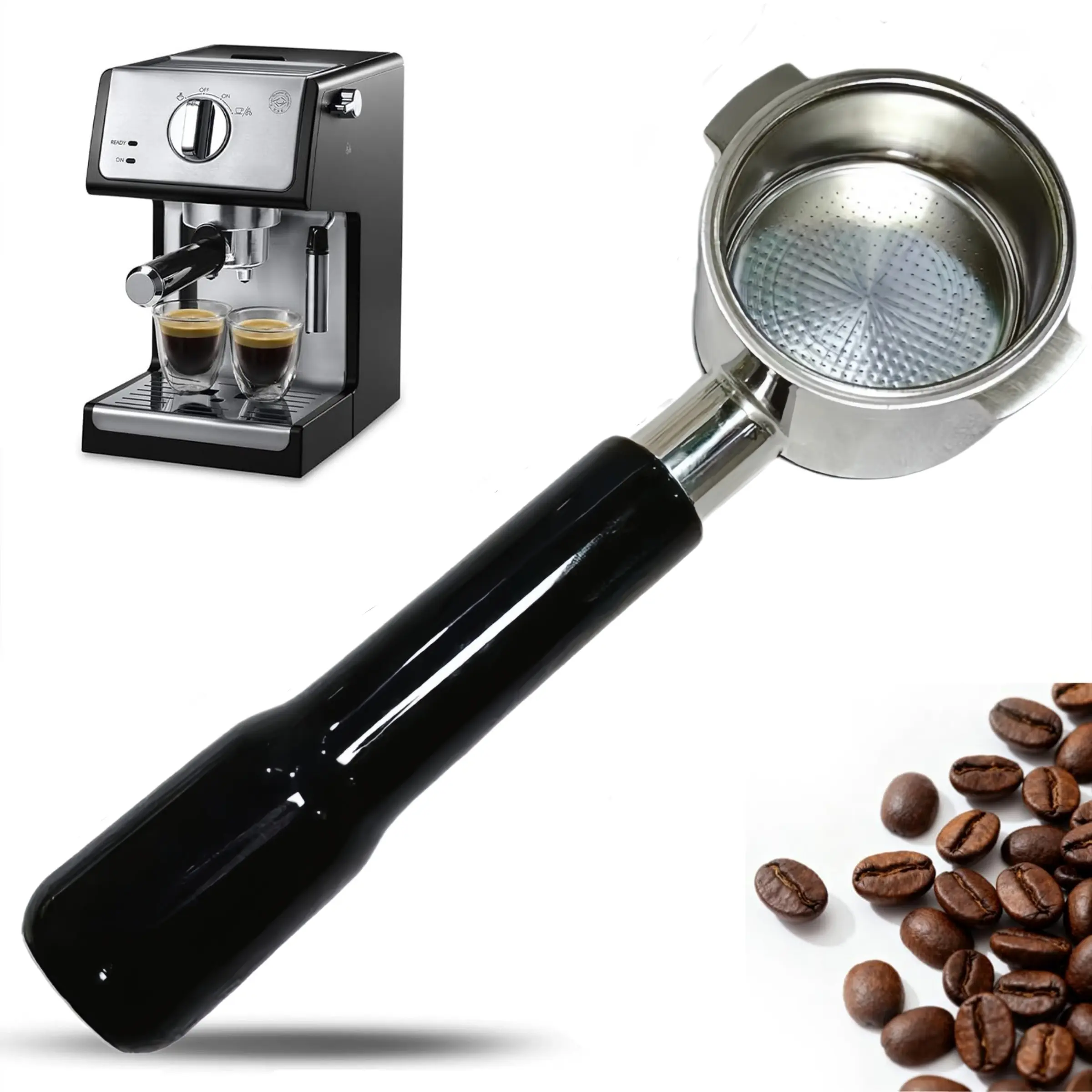 51mm Bottomless Portafilter 2 Ears for Delonghi ECP3420/BCO430/EC260 | Stainless Steel Filter Basket and ABS Handle