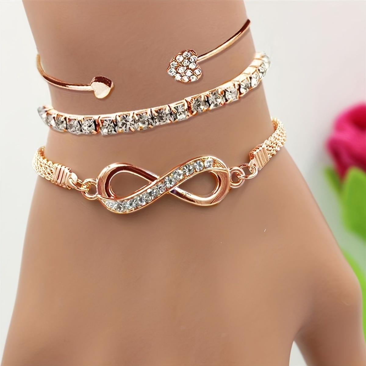 3 Pcs Vintage Elegant Rhinestone Bracelet Set - Adjustable Heart & Infinity Symbol Bangle, Stylish Alloy Open Cuff for Daily Wear & Gift Occasions