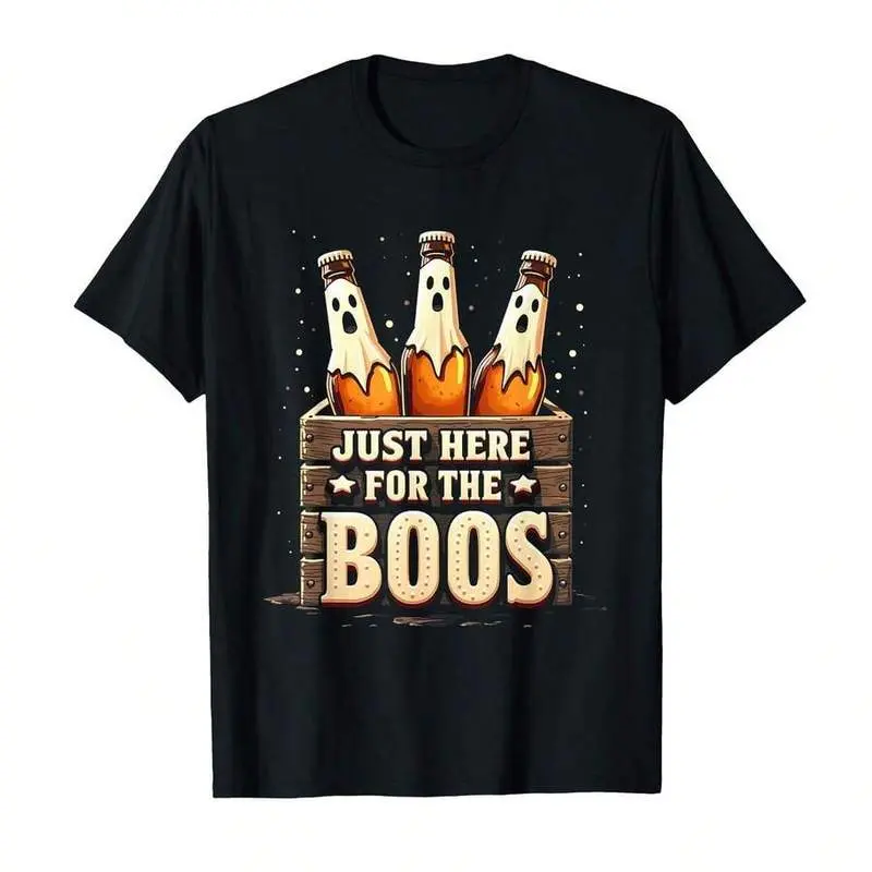 Men's Halloween Theme Casual Tee - Short Sleeve Round Neck T-Shirt with 6 Pack Booze Ghost Beer Bottles Print, Machine Washable Gift for Dad