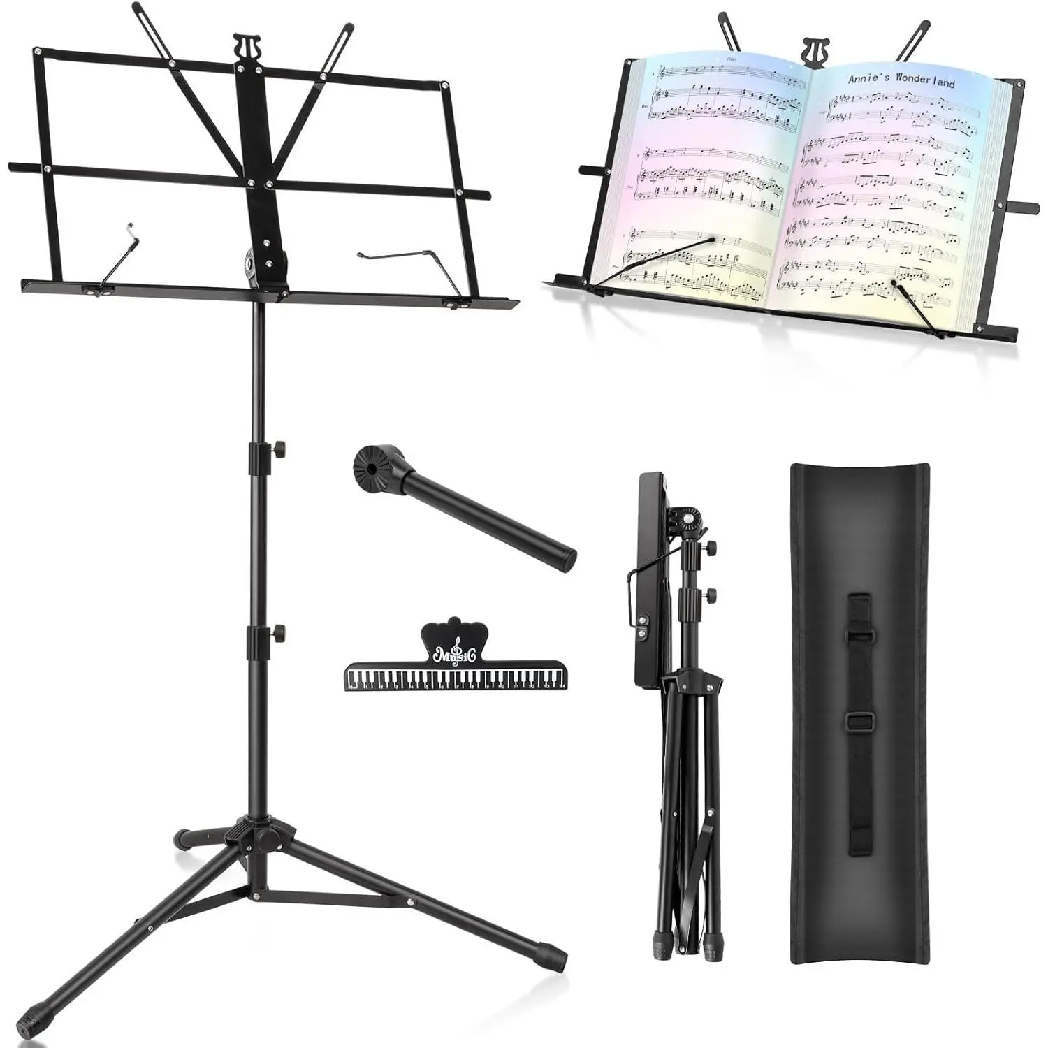 Music Stand Foldable & Portable Metal Sheet Music Stand with Carrying Bag, Adjustable Podium Stand with Tripod Base and Sheet Music Folder - Black
